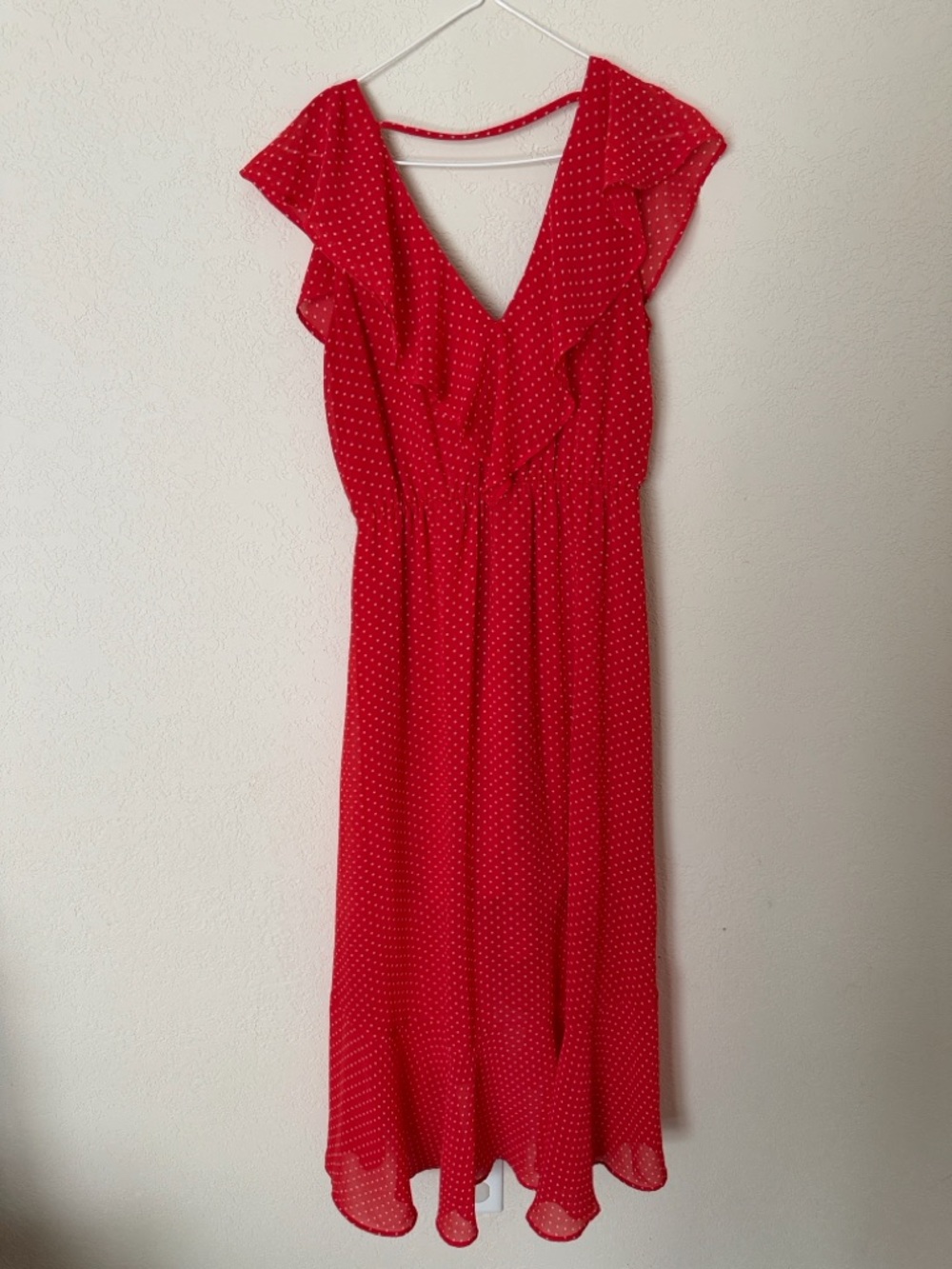 Soprano Red White Polka Dot Ruffle Midi Dress Women’s Small V Neck Flowy